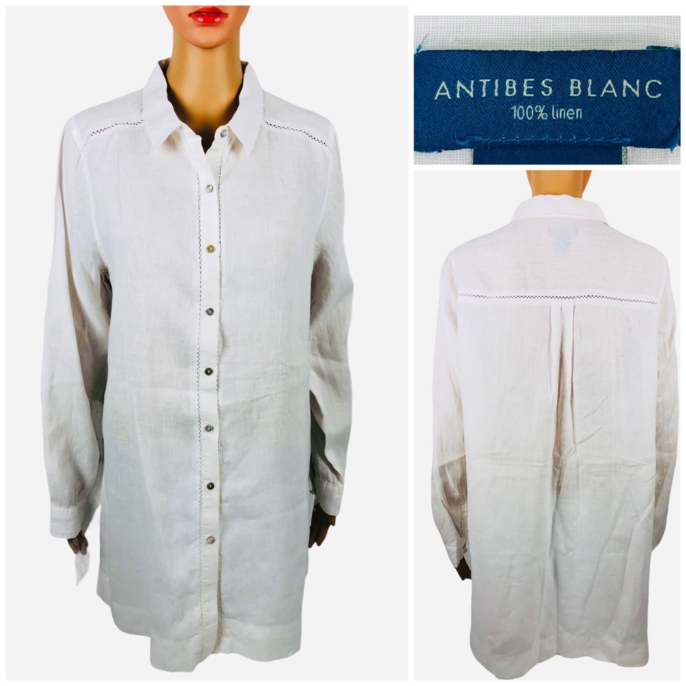 Antibes Blanc Womens Large Tunic White Button Front 100% Linen White Dress Shirt